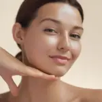 Woman gently touching her glowing skin, showcasing brightened, smooth skin and minimized fine lines after an Esthetic Corner facial